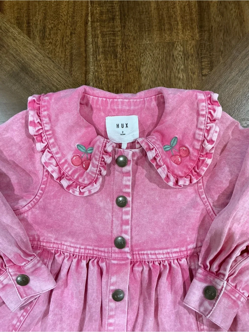 Huxbaby Size 4 Pink Cherry Ruffled Collar Button-Front Jean Dress